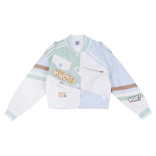 26春甜酷机车风蓝绿白拼色刺绣字母撞色螺纹短款皮夹克PU皮衣外套