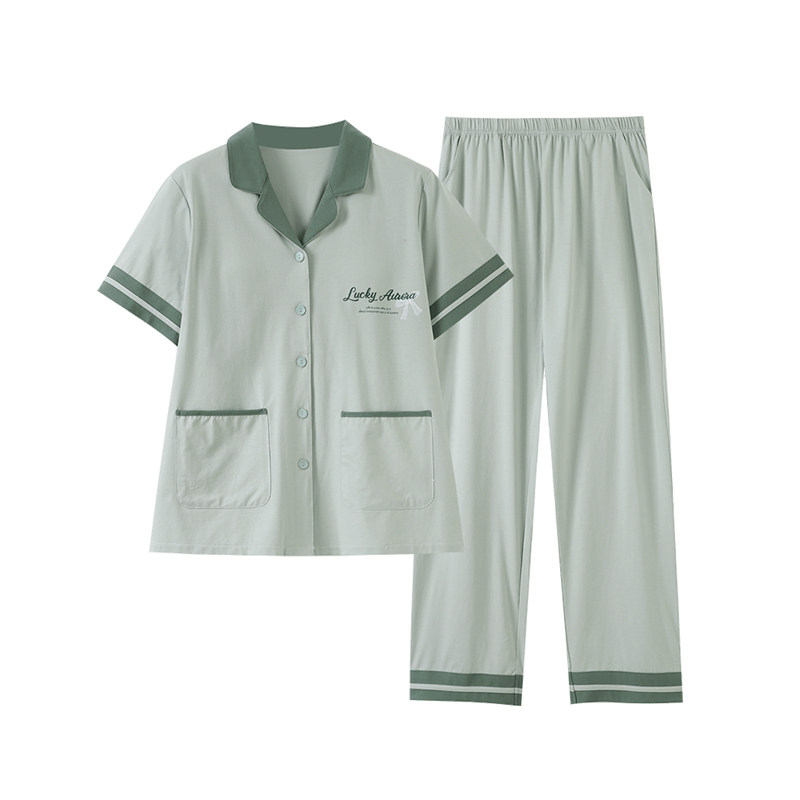 睡衣女款2026新款夏季纯棉带胸垫女士短袖长裤柔软宽松家居服套装