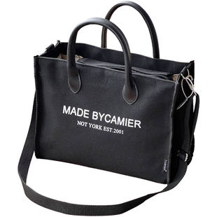 原创设计有型加厚字母拉链大容量帆布托特包大学生电脑手提斜挎包