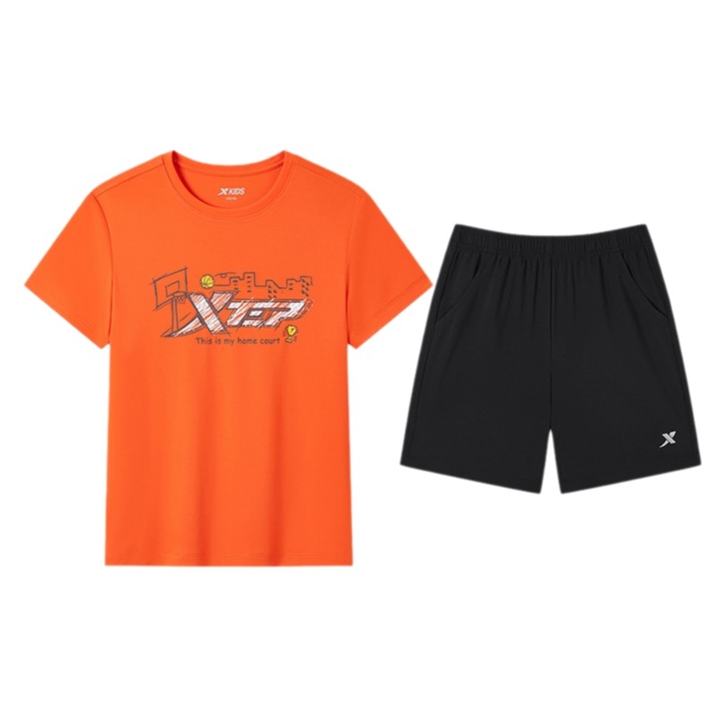 特步童装男童短袖套装夏季儿童速干运动服两件套夏装圆领速干套装