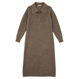 Basic House/百家好翻领针织连衣裙女2026春季新款长款过膝打底裙