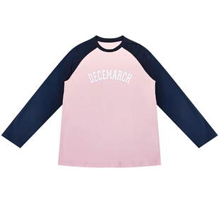 Decemarch春宽松套头长袖圆领印花复古美式插肩袖T恤拼色上衣