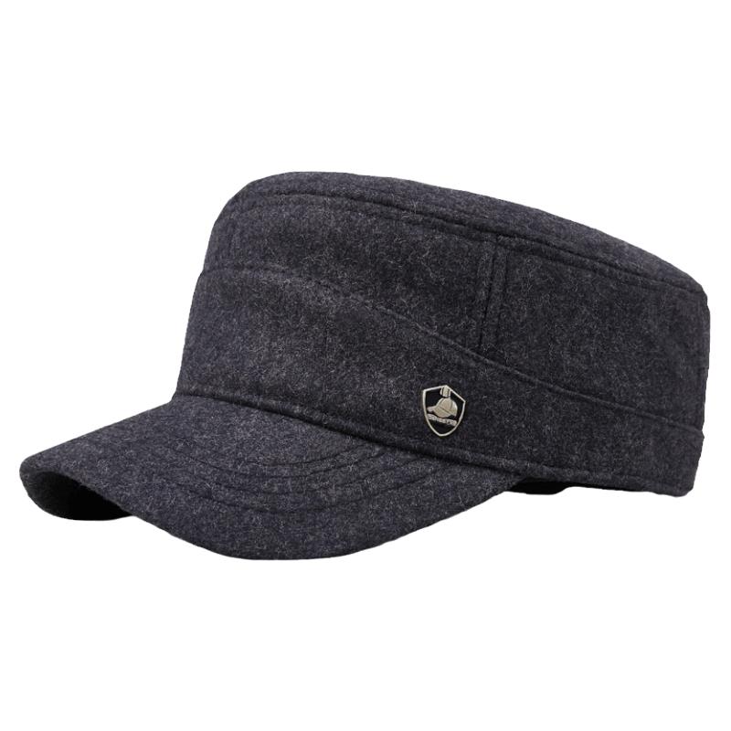 毛呢平顶帽男后封口全封闭冬季加绒加厚冬天鸭舌帽中老年人帽子