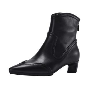 MILLIE'S/妙丽新款小方头牛皮中跟踝靴麂皮靴子中筒靴高跟靴子女Q