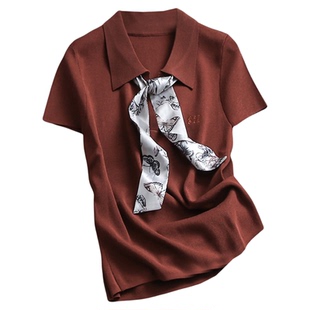 纯色丝巾飘带冰感修身短袖女针织衫可配一整套牛仔裤两件套装Z564