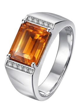 招财黄水晶925银镀白金男戒