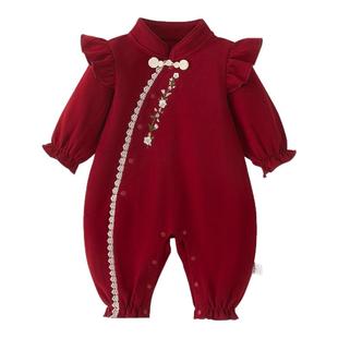 英国NEXT婴儿秋冬款满月连体衣女宝宝红色爬服纯棉周岁百日宴礼服