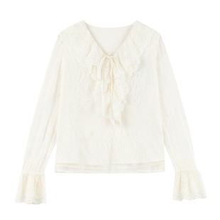 秋水伊人白色双层花边雪纺小衫2026春季新款气质设计时尚V领上衣