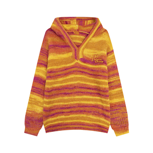 F383 2023AW国潮原创美式复古条纹刺绣慵懒感连帽套头毛衣男女ins