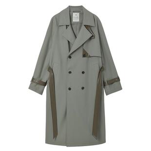 撞色PU皮拼接风衣男中长款设计感宽松高级春秋季日系大衣男士外套