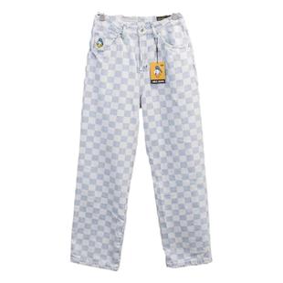 新款唐老鸭联名女士中高腰牛仔裤ABLE JEANS水洗棋盘格宽松长阔脚