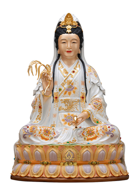 纯铜彩绘坐莲观音神像客厅摆件