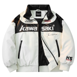 Kawasaki川崎90鸭绒美式复古机车刺绣宽松休闲百搭保暖PU皮羽绒服