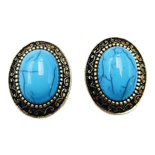 银针欧美气质宫廷风女仿绿松石耳钉女中古椭圆耳环耳饰C205