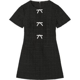 LK BENNETT黑色连衣裙2025年秋冬法式圆领粗花呢蝴蝶结装饰小黑裙