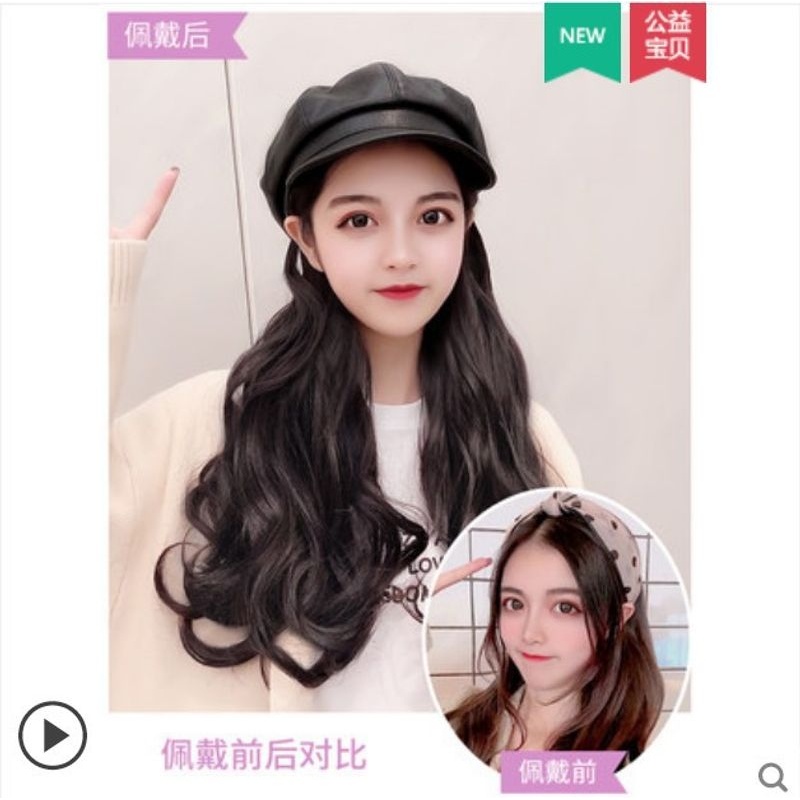 新款直销秋冬款PU帽子假发一体八角皮帽子假发女长卷发一体网红大