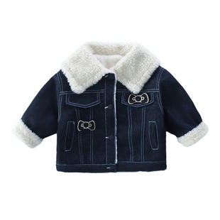 女童秋冬加绒kt猫牛仔外套2025新款女宝深秋加厚衣服女孩冬装上衣