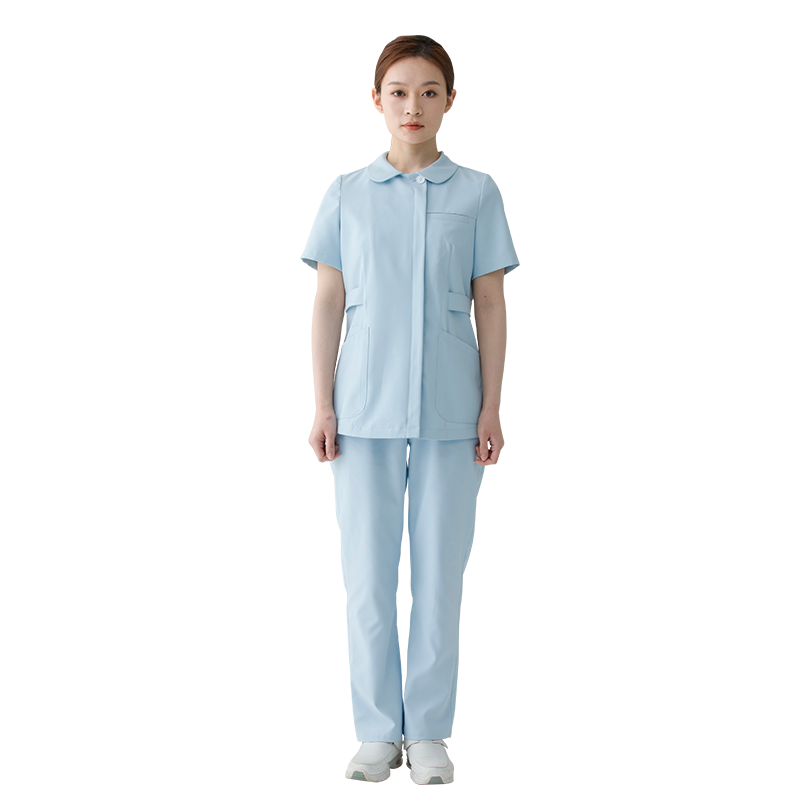 高端医院护士服夏短袖女娃娃领牙科诊所蓝色护士服分体式套装短款