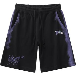 LAMLICKA夏季扎染纯棉运动休闲短裤男日系潮牌宽松黑色篮球五分裤