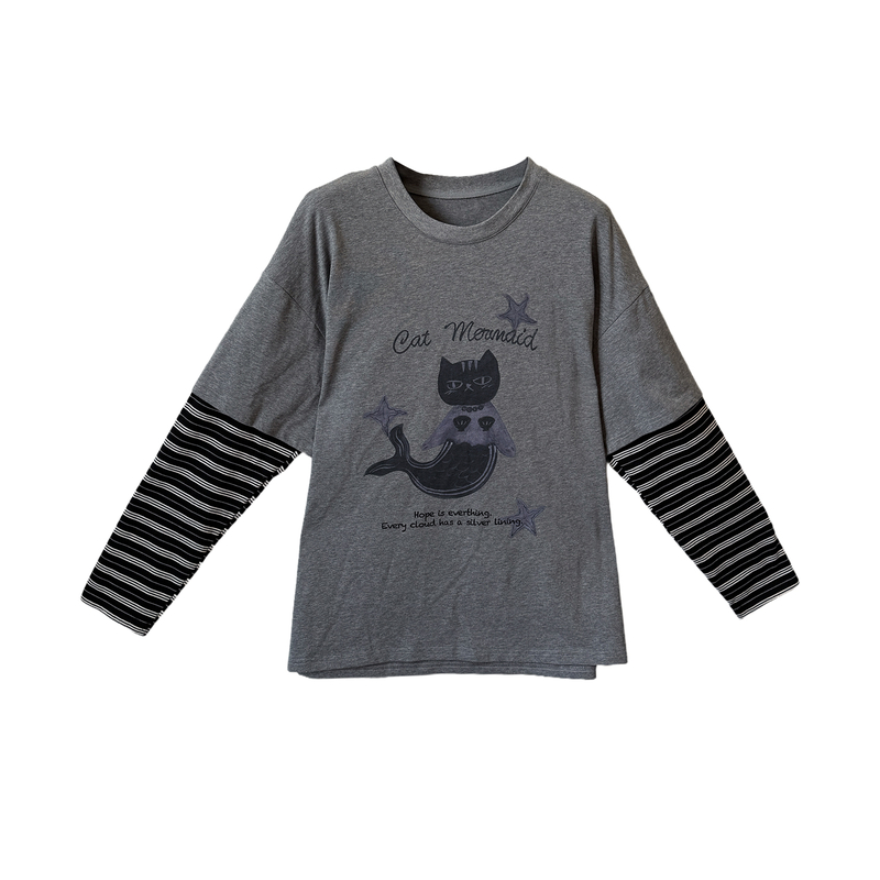 别致美猫鱼印花长袖大码T恤女2025年秋新款胖mm宽松条纹拼接上衣