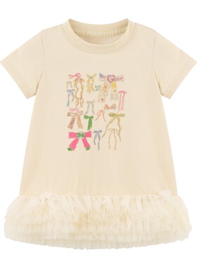 【小童】ANMO安墨女童短袖长T裙夏季新品蝴蝶结印花网纱下摆长T裙