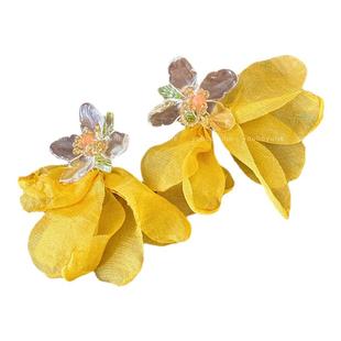 海岛风情~黄色花朵耳环女海边度假风夸张耳钉彩色无耳洞耳夹耳饰