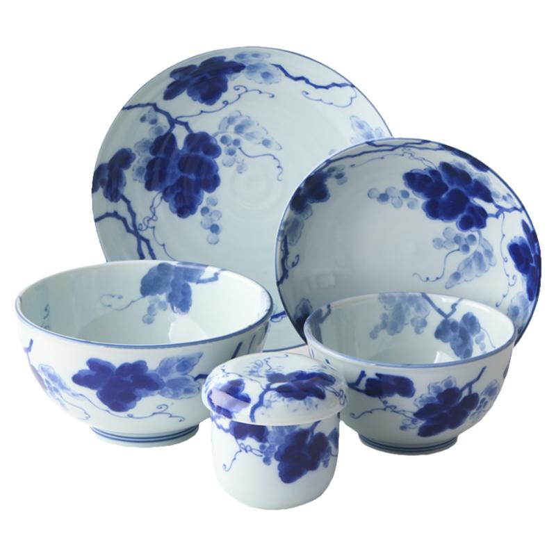 日本进口美浓烧陶瓷碗碟盘子果盘深钵茶杯面汤碗饭碗蓝染葡萄餐具