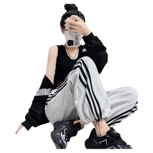 侧边竖条纹运动裤女2025春秋新款三条杠卫裤束脚两穿阔腿裤女宽松