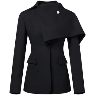 宝姿PORTSPURE女装秋冬收腰珍珠毛呢设计感西装外套