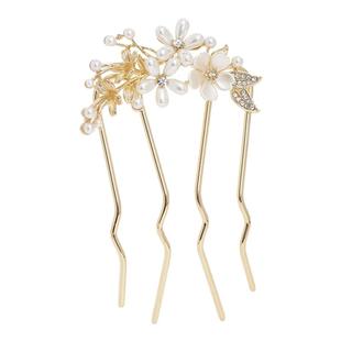 简语镂空珍珠花发簪复古优雅百搭U型波浪簪子新款中式气质发梳女