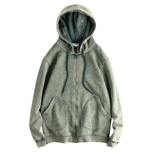 美式休闲重水洗复古高街潮流连帽卫衣男 厚实毛圈棉舒适开衫外套