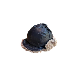 ETITW/朋克风羊皮毛边保暖加厚雷锋帽冬季复古黑色皮面套头帽