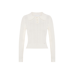 包洁仪同款 Kroche 绵羊毛混纺波浪边翻领细麻花长袖针织打底衫