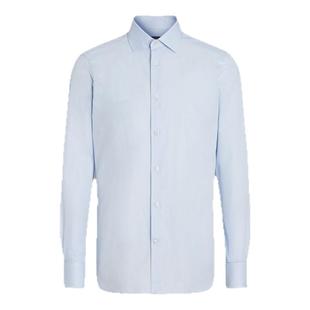 礼物ZEGNA杰尼亚男装浅蓝色配白色细格纹棉质衬衫