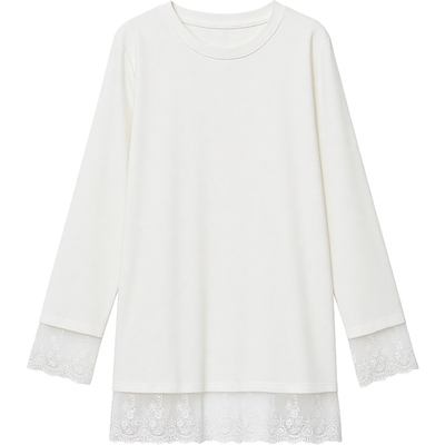 DM100大码百分百女装微胖mm秋季白色打底衫蕾丝拼接宽松正肩T恤