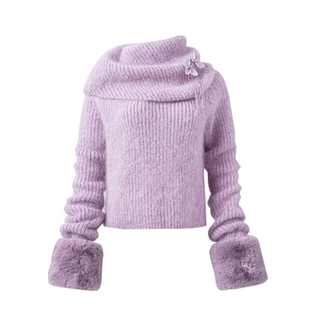 JelloJello22AW 淡烟紫针织披肩领花朵珠片穗拼毛毛衣