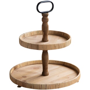 复古果盘多层食品双层分层零食托盘置物架铁艺木质藤编收纳水果篮