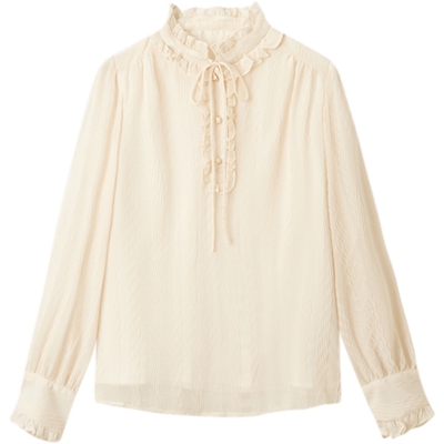 爱居兔法式长袖衬衫女春秋新款木耳边抽绳立领长袖雪纺衫