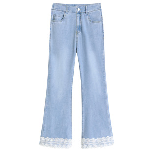 浅色薄款天丝蕾丝拼接设计感九分微喇牛仔裤女夏季凉感宽松喇叭裤