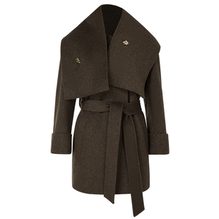 NAERSI娜尔思羊毛骆驼绒混纺无领骆驼绒大衣异型纽扣25年冬新款