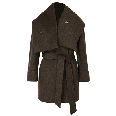 NAERSI娜尔思羊毛骆驼绒混纺无领骆驼绒大衣异型纽扣25年冬新款