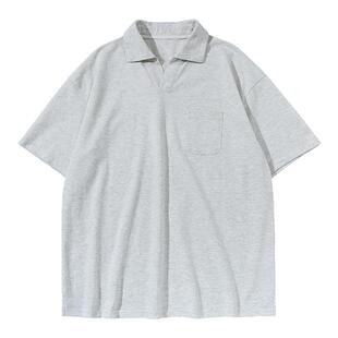 250g灰色V领POLO衫男生2026新款夏季宽松休闲纯棉短袖T恤上衣套头