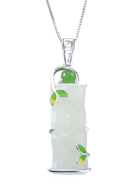 吊坠纯银镶嵌项链挂件和田玉竹节