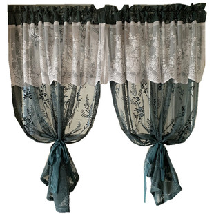 美式法式窗纱帘飘窗成品窗帘阳台厨房田园复古免打孔墨绿色魔术贴