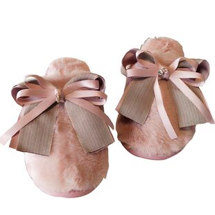 韩国专柜新款蝴蝶结毛绒加厚保暖鞋秋冬季女居家平底可外穿棉拖鞋