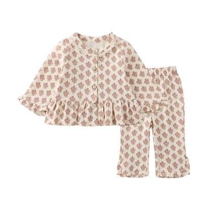 modomoma女童套装复古港风小女孩秋装洋气时髦花边上衣裤子两件套