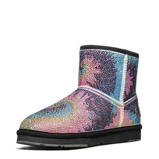 AUMU雪地靴女皮毛一体冬季2025新款套筒水钻短靴炫彩加厚羊毛棉鞋