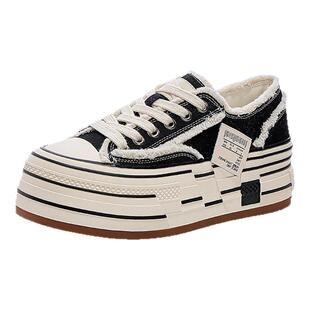 星期六厚底黑色乞丐帆布鞋女超火新款小众松糕鞋百搭休闲板鞋