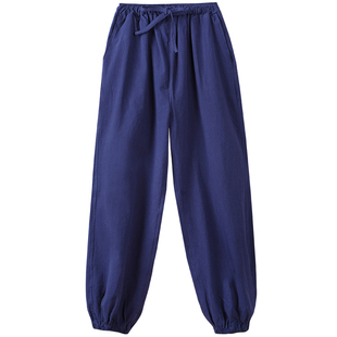 亚麻宽松束脚长裤中老年春秋中高松紧腰灯笼裤中国风棉麻唐装裤子