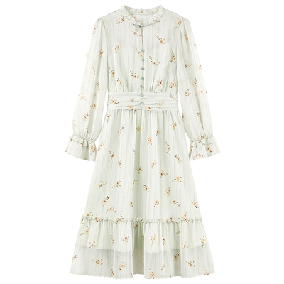 秋水伊人长袖碎花连衣裙雪纺长裙